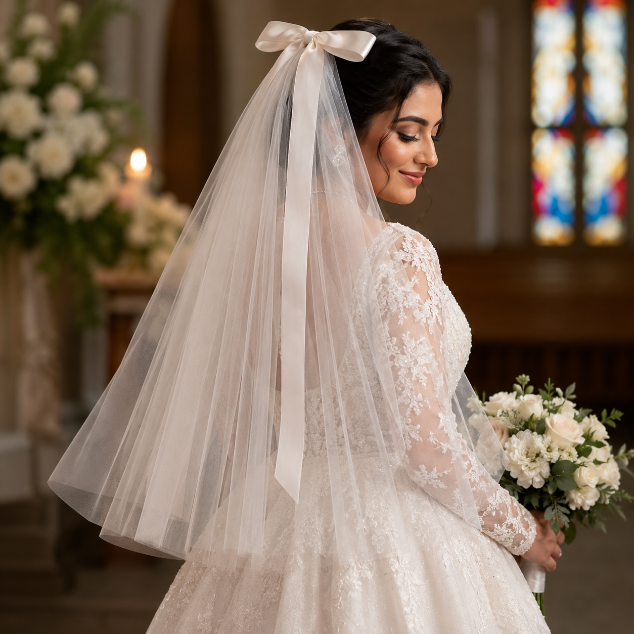 Front view of Cathedral Bridal Veil draped over model — GownLink GLVHM14