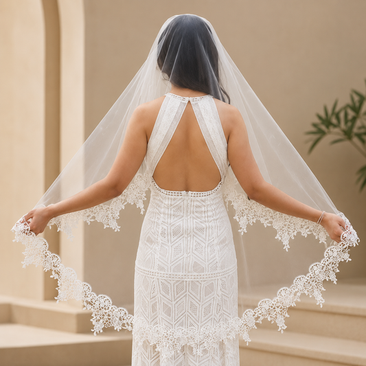 Front view of Cathedral Bridal Veil draped over model — GownLink GLCP2