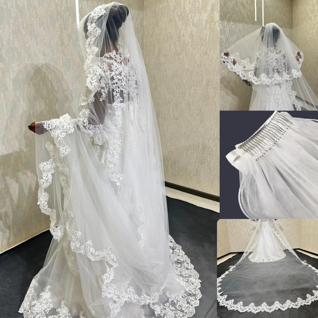 Cathedral length wedding veil with lace embroidery for bridal gown