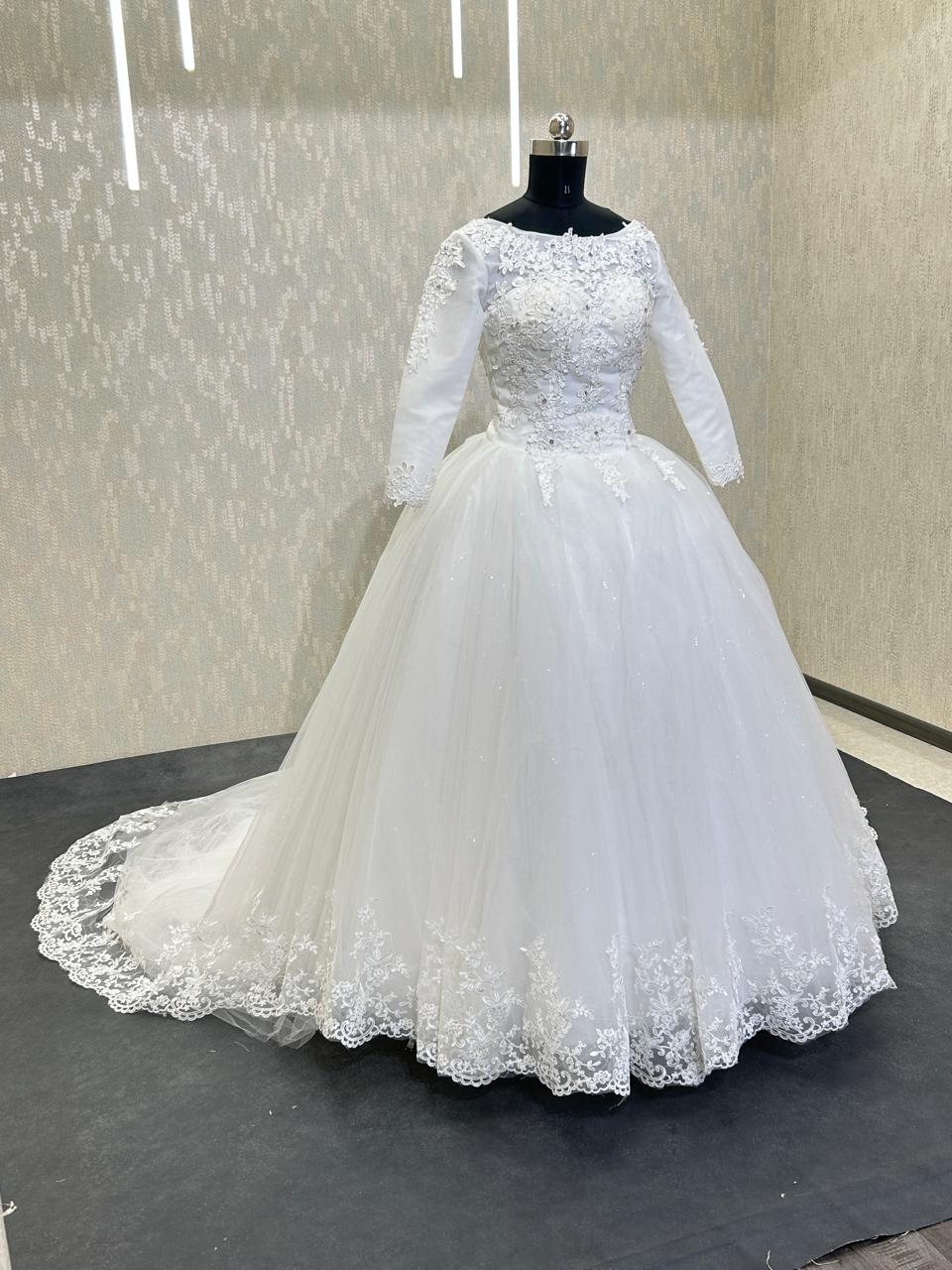 White train style wedding dress long sleeves