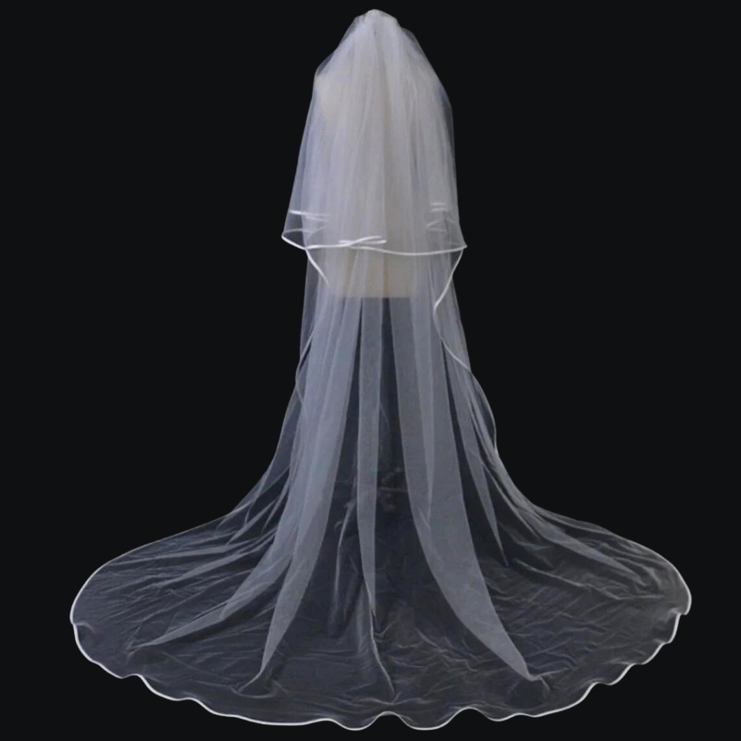 Soft white tulle veil with satin border for Christian and Catholic weddings