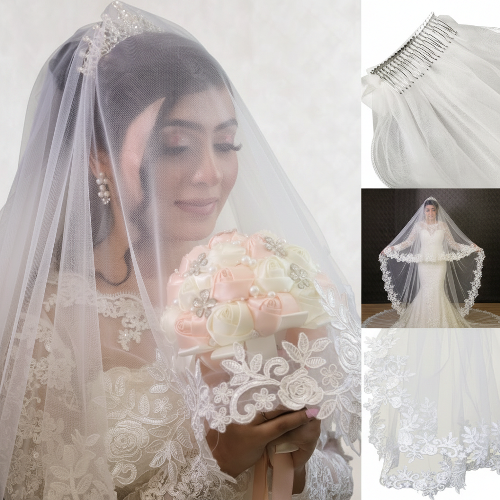 Side view of Cathedral Bridal Veil with comb attachment visible — GownLink GLV13