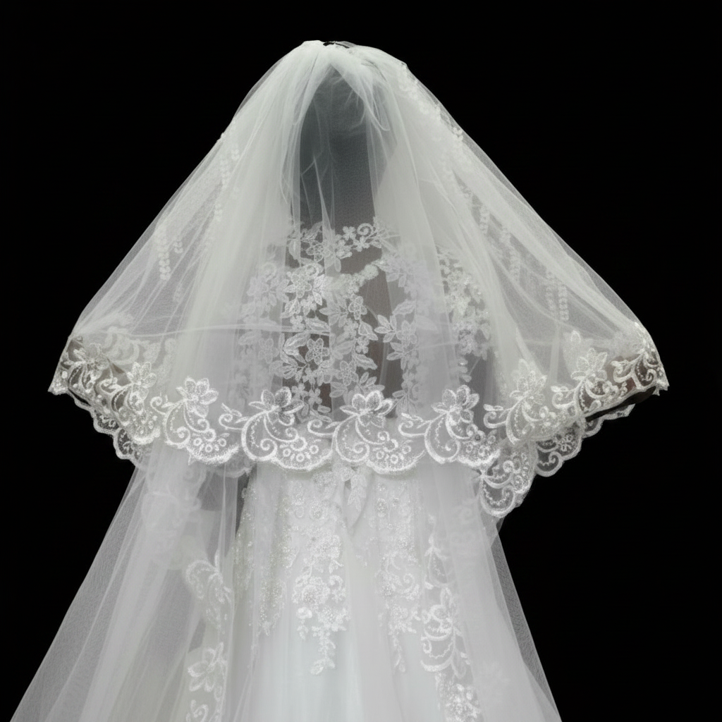 Layer detail of Long Bridal Veil showing tulle and lace — GownLink GLV09