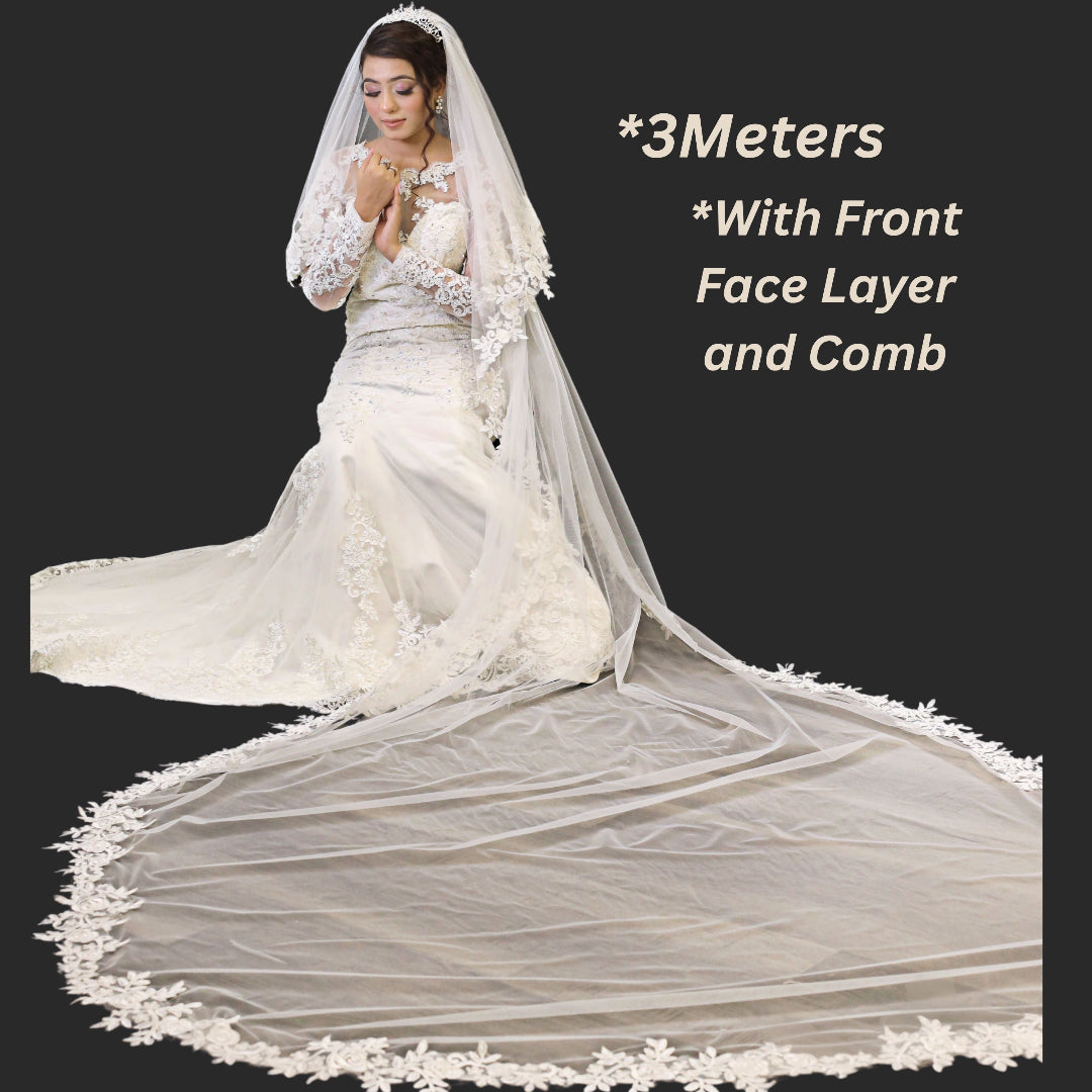 Front view of Cathedral Bridal Veil draped over model — GownLink GLV09S