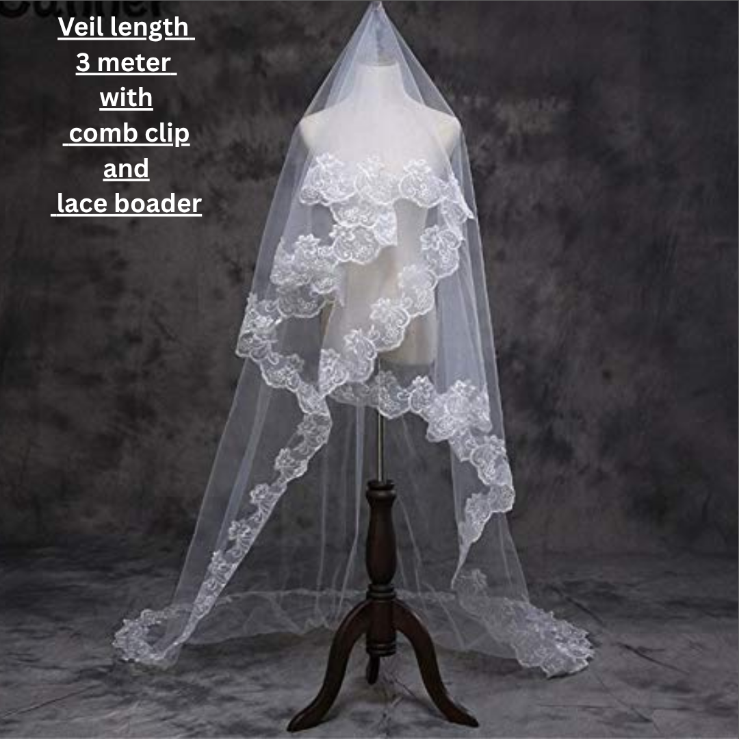 Side view of Long Bridal Veil with comb attachment visible — GownLink GLV09