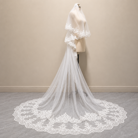 Gownlink's  Radiant Elegance Cathedral White Long 2 Layer Bridal Veil For Christian & Catholic Wedding GLV10