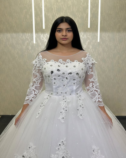 GownLink Stunning White Catholic Wedding Train Gown with Beaded Lace GLHMD16050083T