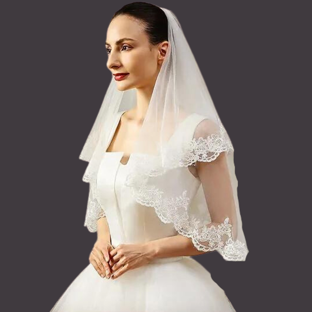 Premium white tulle bridal veil with lace edging for wedding dress