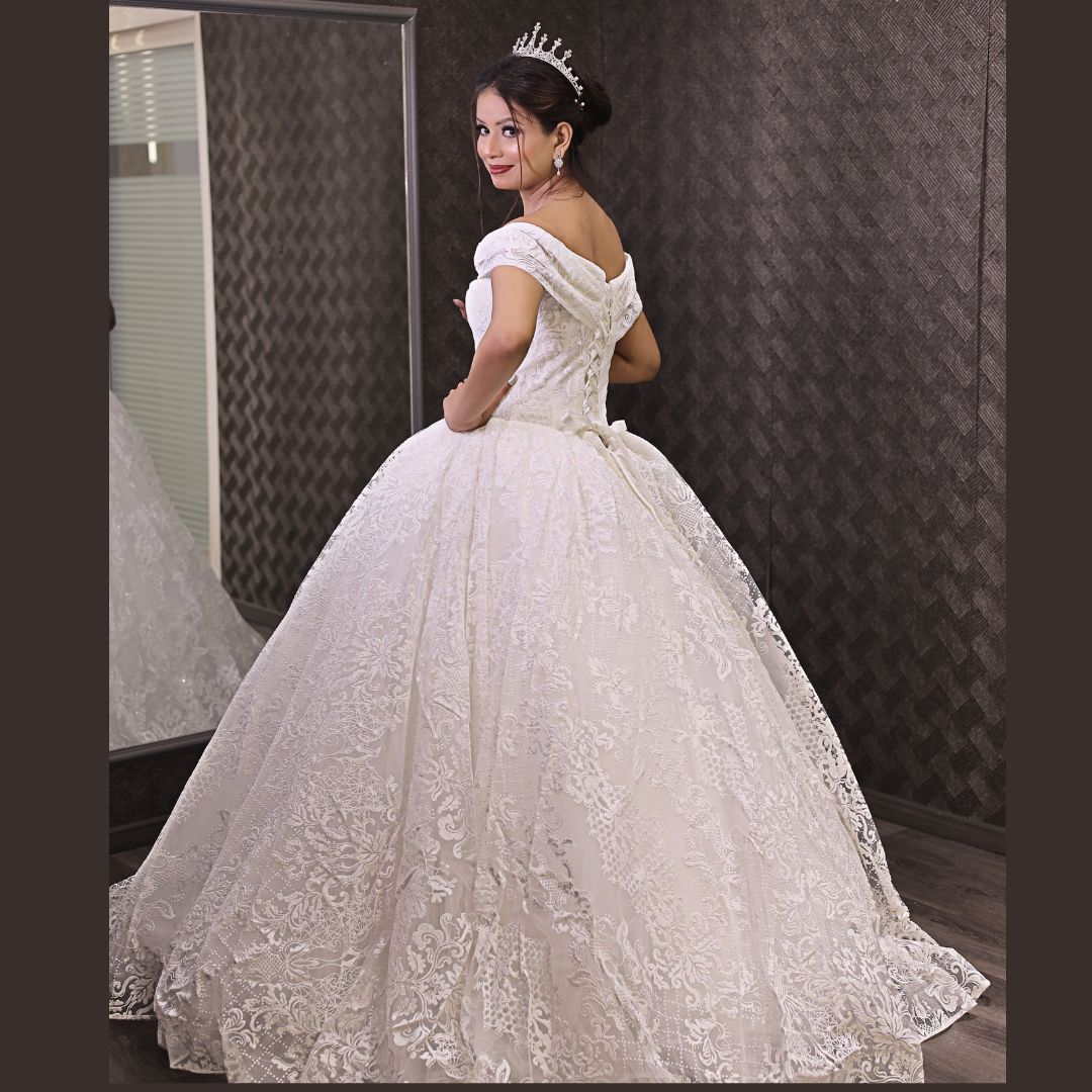Close-up of lace and fabric detail on White Ball Gown with Off-Shoulder — GownLink GLGF108