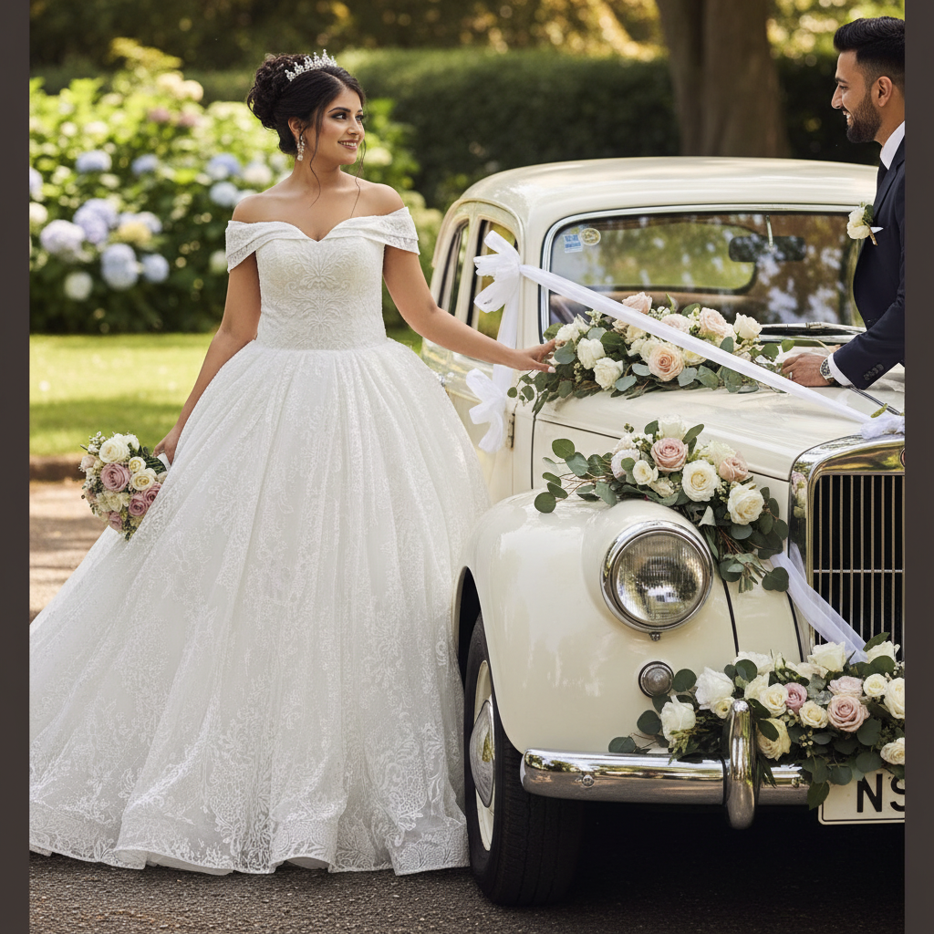 Full-length view of White Bridal Gown Sparkle with with train spread on floor — GownLink GLGT1088T