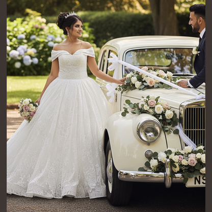 Full-length view of White Bridal Gown Sparkle with with train spread on floor — GownLink GLGT1088T
