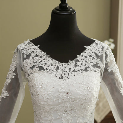 Sleeve detail close-up on White Bridal Gown with Long Train — GownLink GLHSD189T