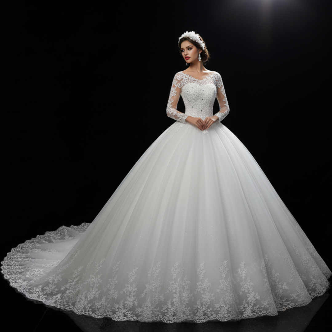 Side profile view of White Bridal Gown with Long Train showing silhouette — GownLink GLHSD189T
