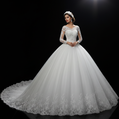 Side profile view of White Bridal Gown with Long Train showing silhouette — GownLink GLHSD189T