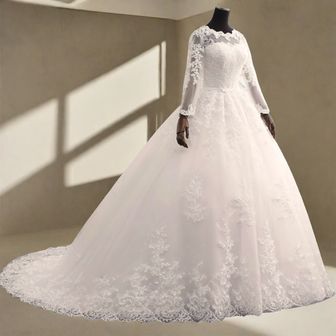 Luxury white bridal ball gown with delicate lace detailing for Christian weddings