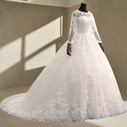 Luxury white bridal ball gown with delicate lace detailing for Christian weddings