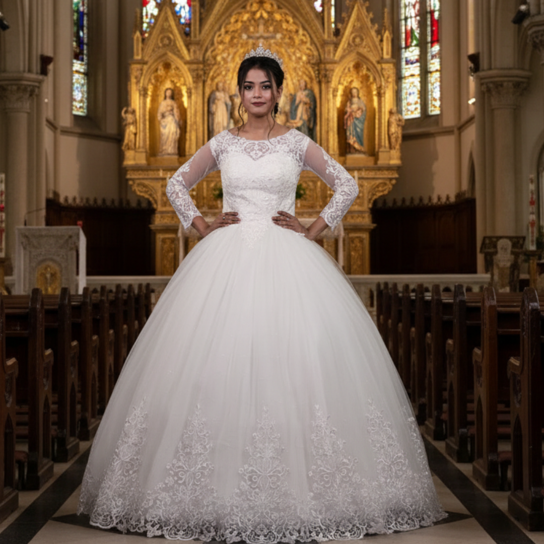 Luxury white Christian bridal gown featuring delicate lace appliqué and timeless elegance