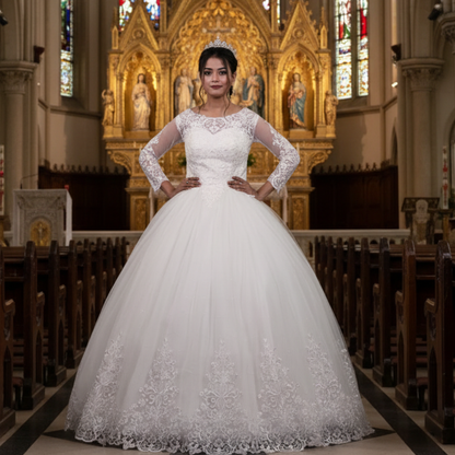 Luxury white Christian bridal gown featuring delicate lace appliqué and timeless elegance