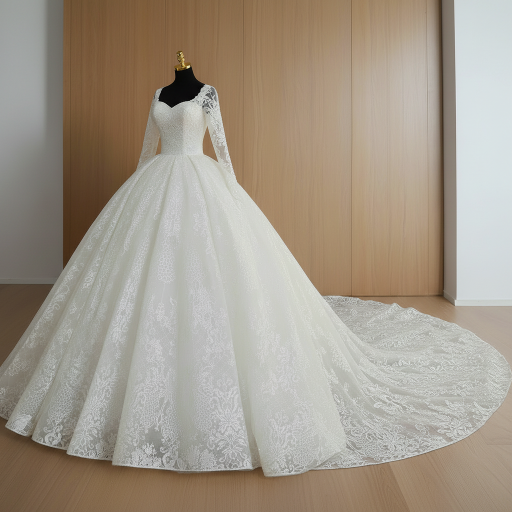 GownLink White Christian & Catholic Wedding Bridal Sparkle Trail Gown with Extra Sleeves GLGT108T