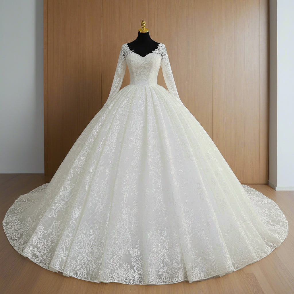 GownLink White Christian & Catholic Wedding Bridal Sparkle Trail Gown with Extra Sleeves GLGT108T