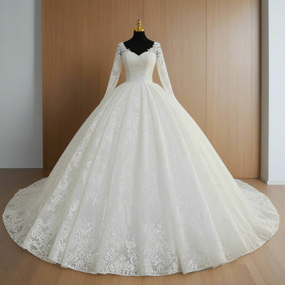 GownLink White Christian & Catholic Wedding Bridal Sparkle Trail Gown with Extra Sleeves GLGT108T