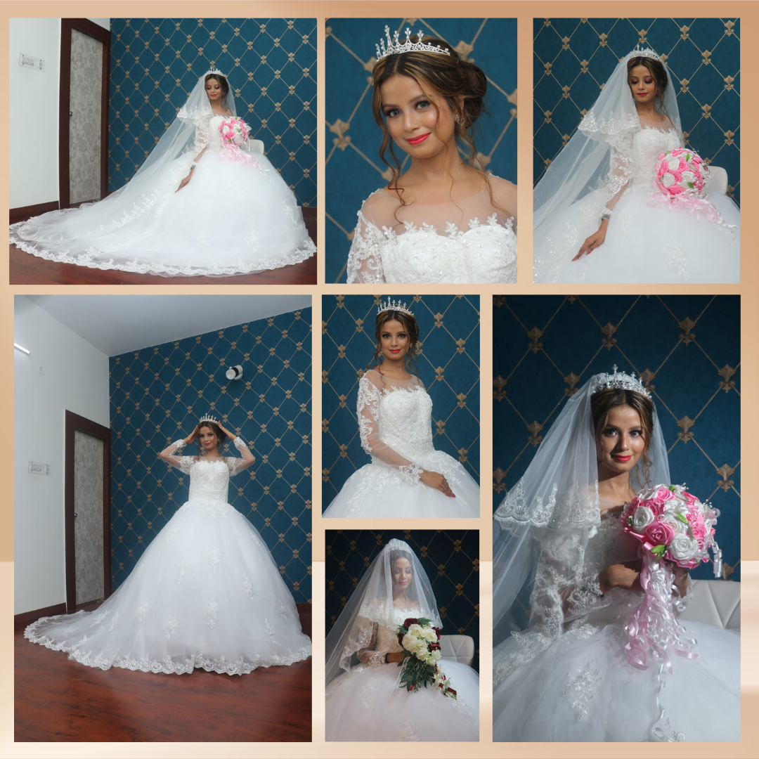 "Euphoric bride showcasing her picture-perfect wedding gown."