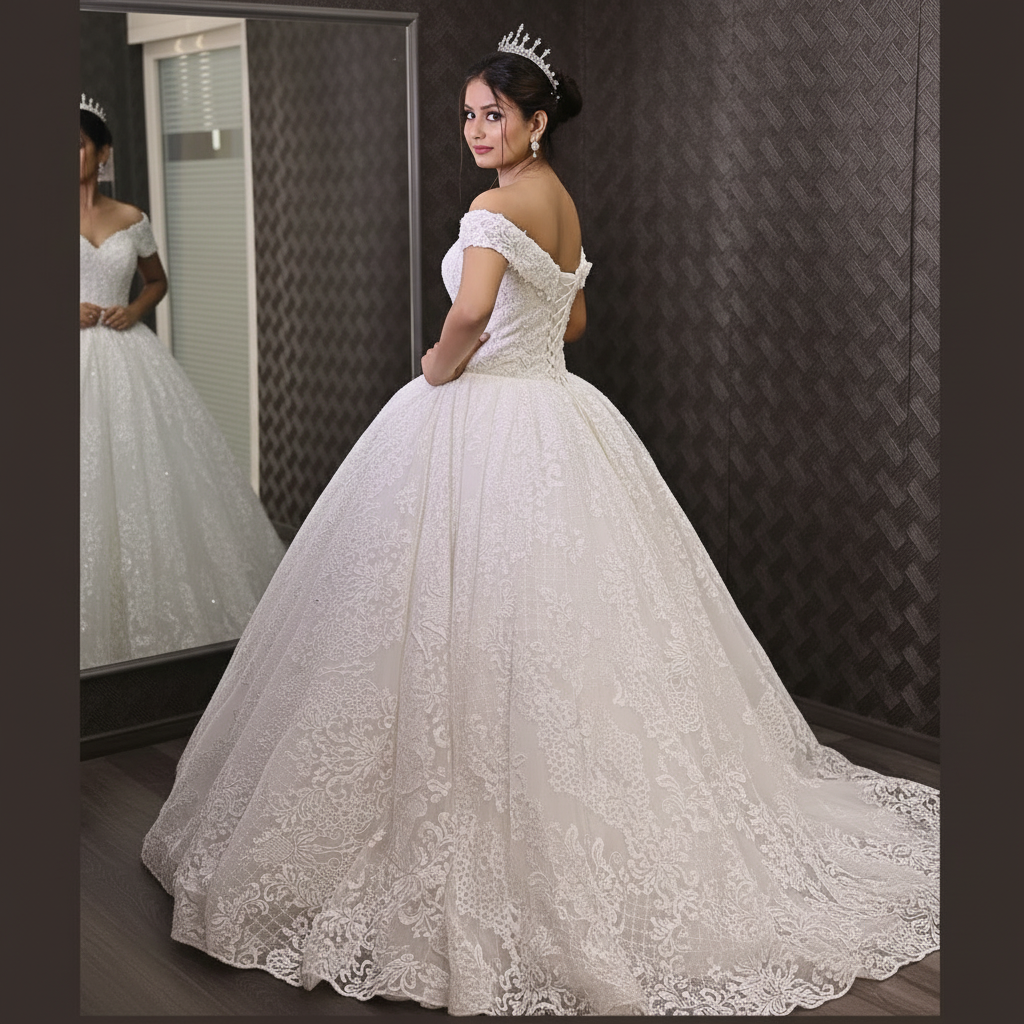Detail of neckline and bodice on White Ball Gown with Off-Shoulder — GownLink GLGF108