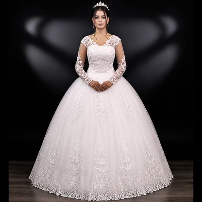 Modest church wedding dress with sheer lace sleeves and a timeless Christian bridal silhouette