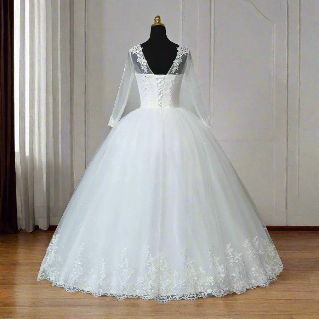 Back view of White Ball Gown showing train and closure detail — GownLink GLHSD189CB