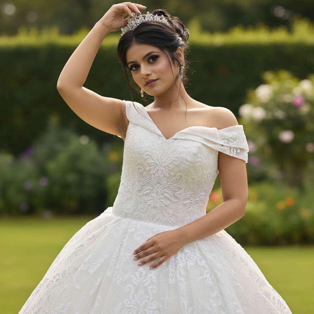 Detail of neckline and bodice on White Bridal Gown Sparkle with — GownLink GLGT1088T