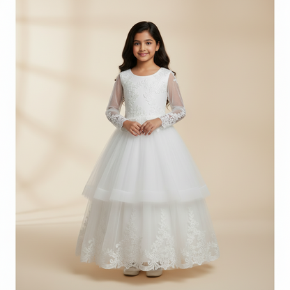 GownLink Girls First Holy Communion White Dress Lace Ball Gown with Belt for Church (HLC40B)