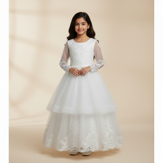 GownLink Girls First Holy Communion White Dress Lace Ball Gown with Belt for Church (HLC40B)