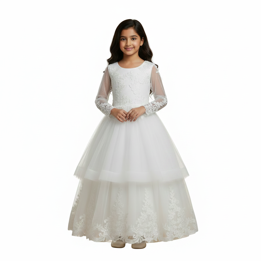 GownLink Girls First Holy Communion White Dress Lace Ball Gown with Belt for Church (HLC40B)
