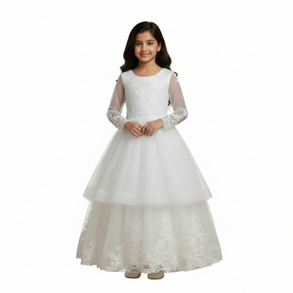 GownLink Girls First Holy Communion White Dress Lace Ball Gown with Belt for Church (HLC40B)