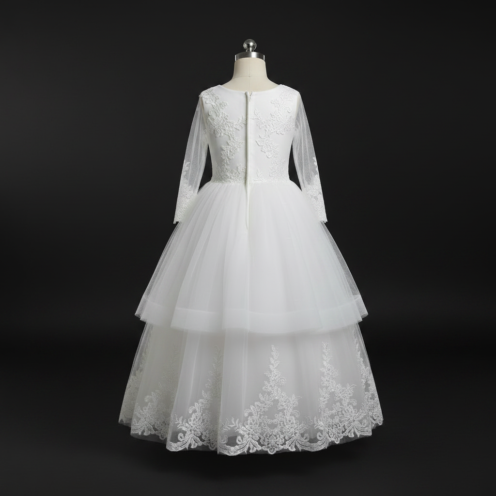 GownLink Girls First Holy Communion White Dress Lace Ball Gown with Belt for Church (HLC40B)