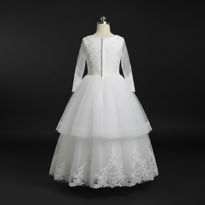 GownLink Girls First Holy Communion White Dress Lace Ball Gown with Belt for Church (HLC40B)
