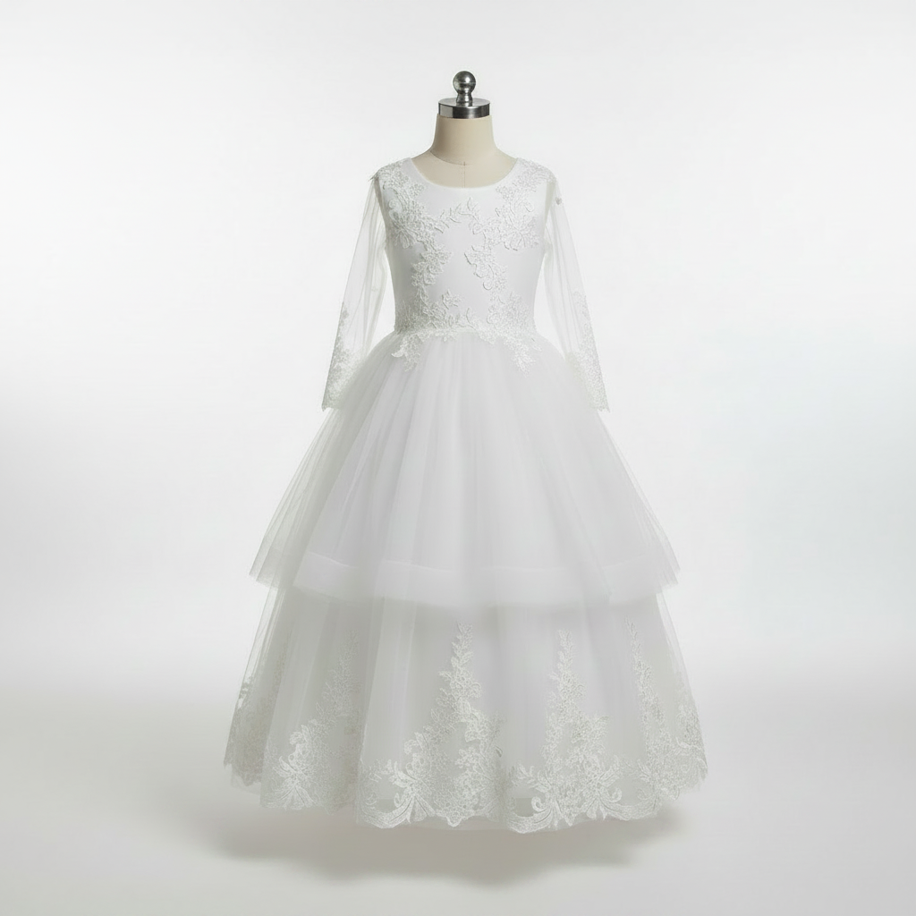 GownLink Girls First Holy Communion White Dress Lace Ball Gown with Belt for Church (HLC40B)