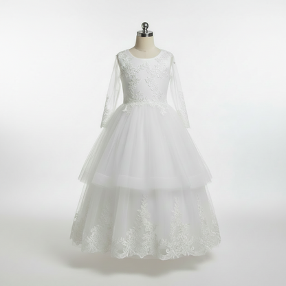 GownLink Girls First Holy Communion White Dress Lace Ball Gown with Belt for Church (HLC40B)
