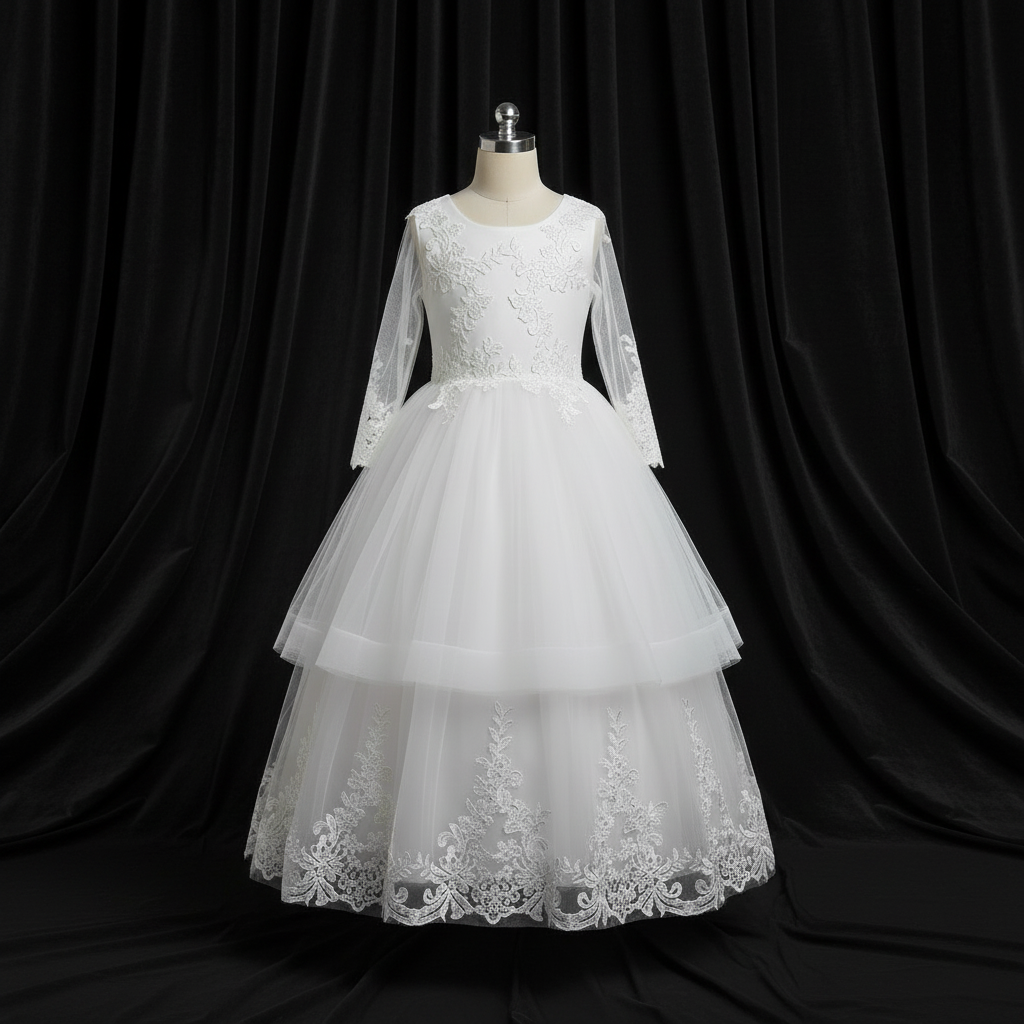 GownLink Girls First Holy Communion White Dress Lace Ball Gown with Belt for Church (HLC40B)