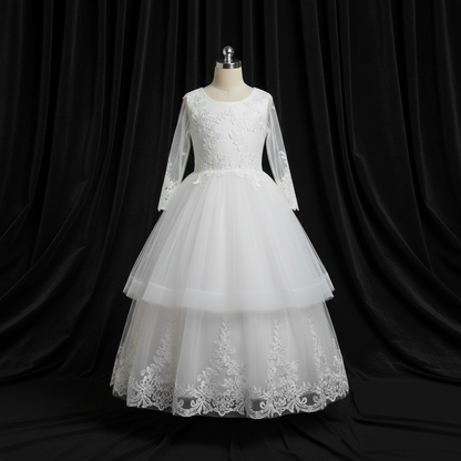 GownLink Girls First Holy Communion White Dress Lace Ball Gown with Belt for Church (HLC40B)