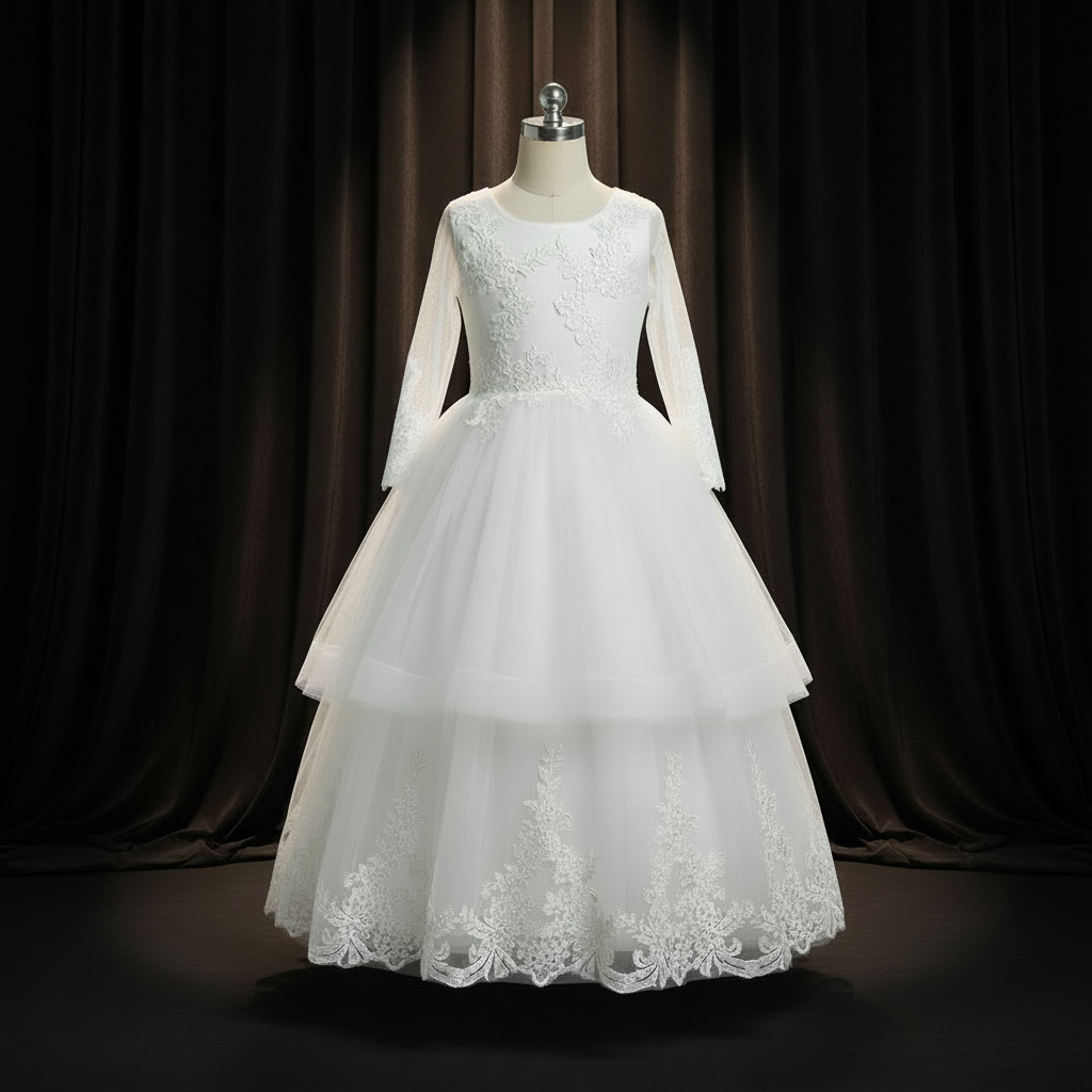 GownLink Girls First Holy Communion White Dress Lace Ball Gown with Belt for Church (HLC40B)