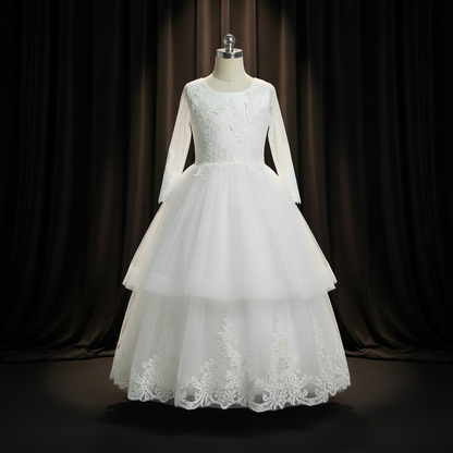 GownLink Girls First Holy Communion White Dress Lace Ball Gown with Belt for Church (HLC40B)
