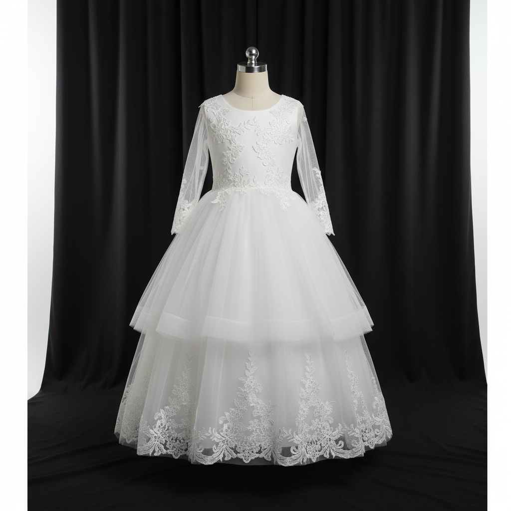 GownLink Girls First Holy Communion White Dress Lace Ball Gown with Belt for Church (HLC40B)