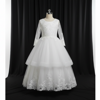 GownLink Girls First Holy Communion White Dress Lace Ball Gown with Belt for Church (HLC40B)