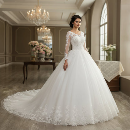 Back closure and button detail on White Bridal Gown with Long Train — GownLink GLHSD189T