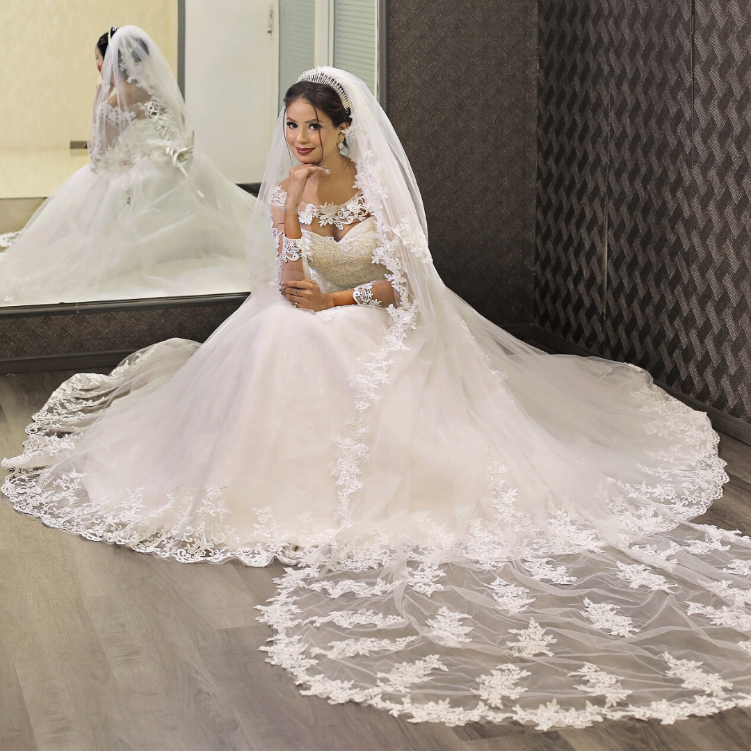 Sleeve detail close-up on White Ball Gown — GownLink GLGF042B