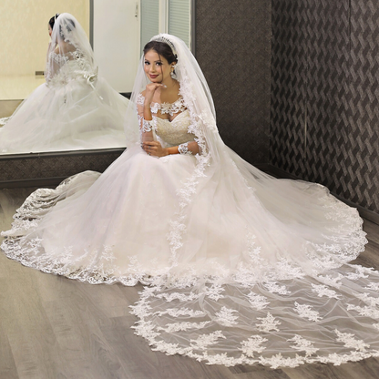 Sleeve detail close-up on White Ball Gown — GownLink GLGF042B