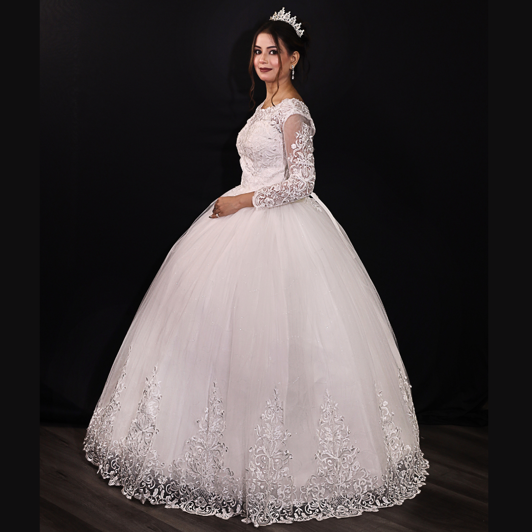 Premium church bridal dress by GownLink with long lace sleeves and a classic princess design