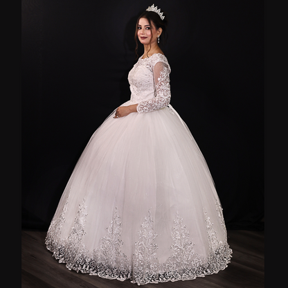 Premium church bridal dress by GownLink with long lace sleeves and a classic princess design