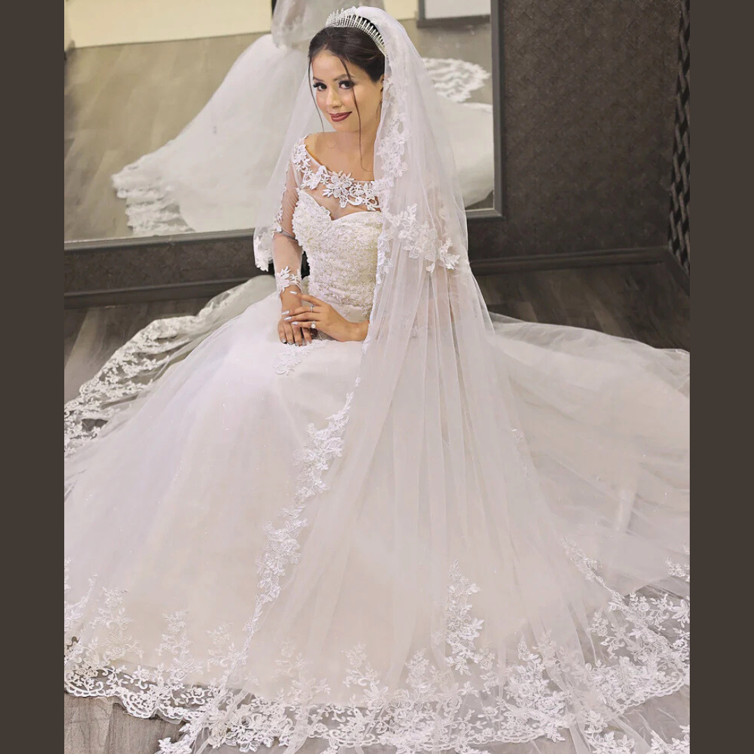 Premium princess wedding gown with lace appliqué, illusion sleeves, and luxurious bridal styling